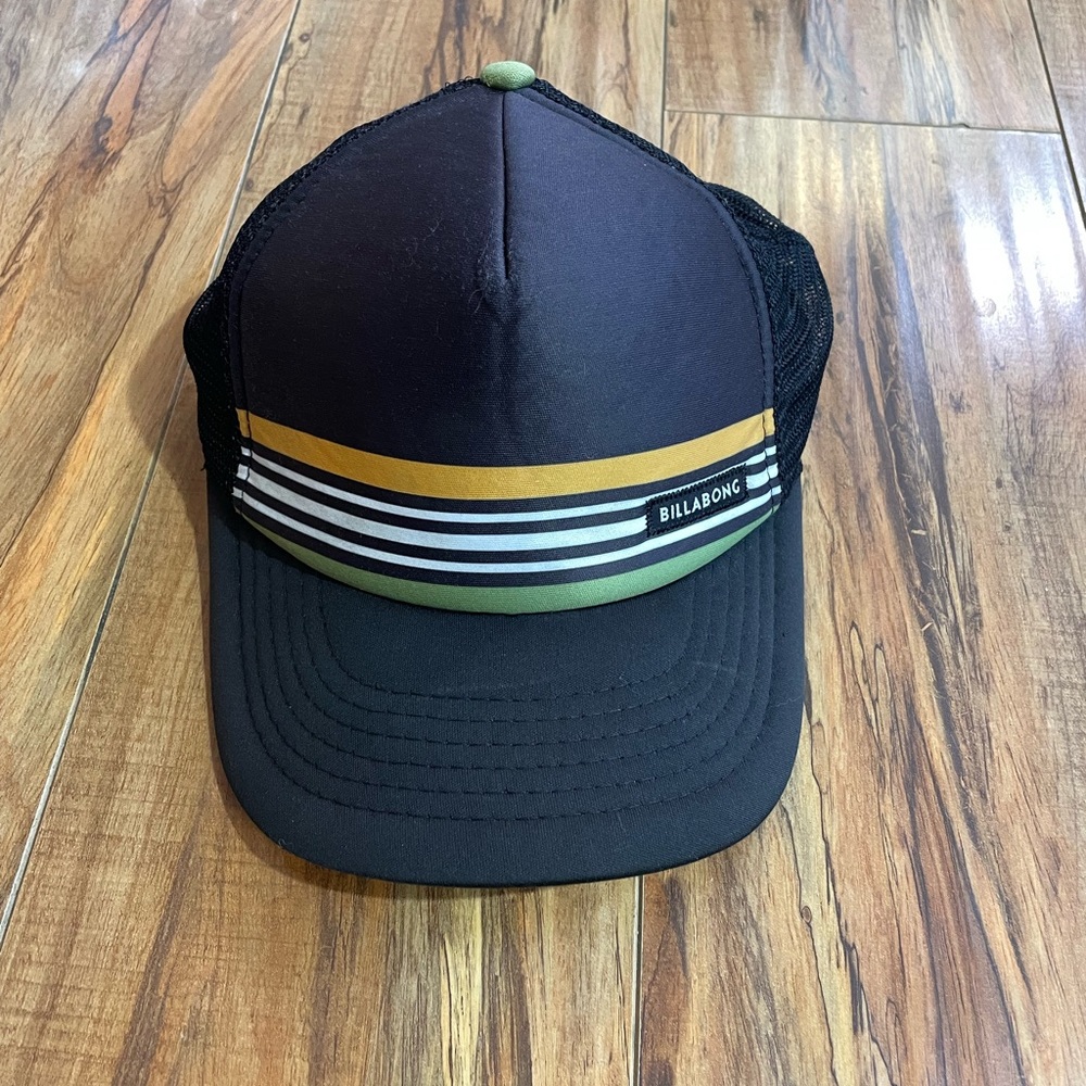 Billabong trucker hat stripes yellow green surf skate classic